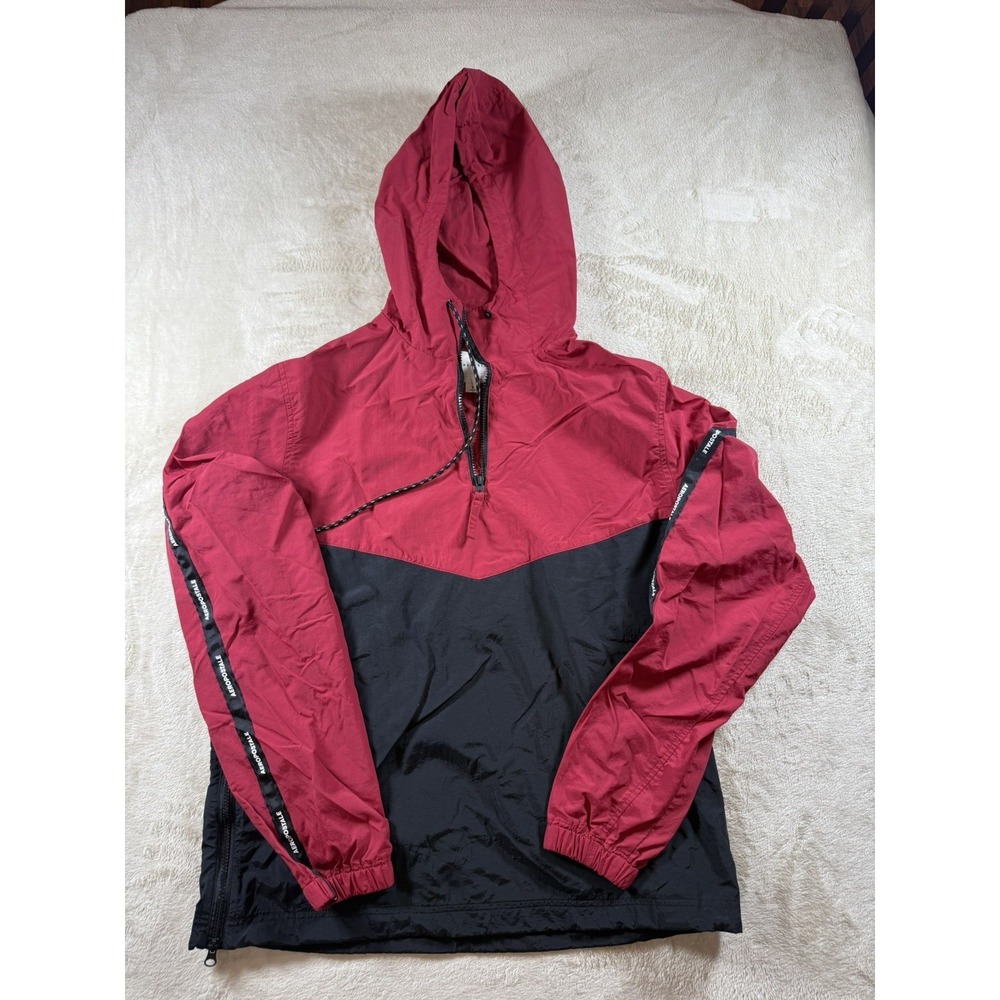 Aeropostale Mens Colorblock Nylon Windbreaker 1/4 Zip Hoodie Jacket red/ Black